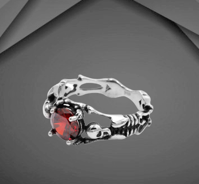gotik-damski-prasten-skeleti-cherven-kamak Готик дамски пръстен със скелети и червен камък от стомана
