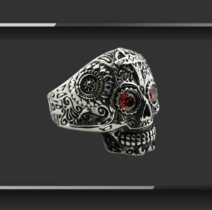 Дамски пръстен със sugar skull и червени камъни от стомана