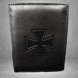 Черен кожен мъжки портфейл с голям релефен Малтийски кръст (Iron Cross).