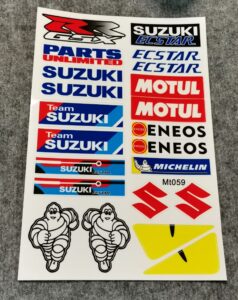 Лист със стикери на Suzuki, Michelin, Motul