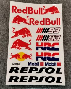 Лист със стикери на Red Bull, HRC, Repsol и Mobil 1