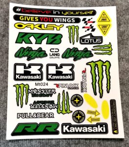 Лист със стикери на Kawasaki, Monster Energy, Oakley