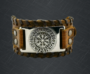 Качествена кожена гривна със знака на Vegvisir