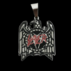 Медальон Slayer от стомана с кожена верижка Заглавие на снимка: medalion-slayer-ot-stomana-trash-metal Описание на снимка: Медальон от патинирана медицинска стомана във формата на орел с червено лого на групата Slayer, заснет на чист черен фон.