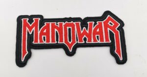 Бродирана нашивка с червено, стилизирано лого на Manowar на черен фон.