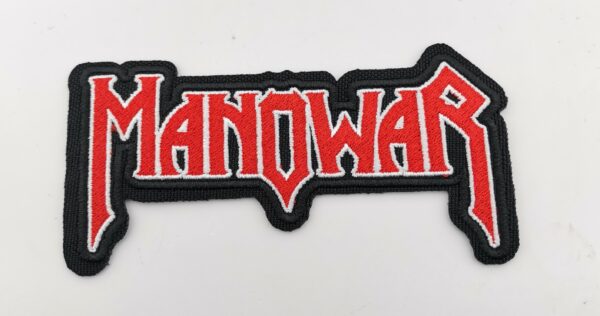 Бродирана нашивка с червено, стилизирано лого на Manowar на черен фон.