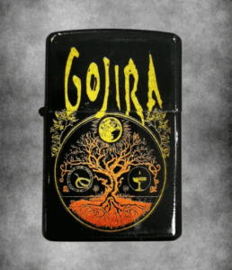 Черна бензинова запалка с жълто-оранжев арт на Gojira - Дървото на живота и логото на групата