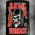 Черна бензинова запалка с логото на Slayer, череп в шлем и надписите SLAYTANIC и WEHRMACHT.