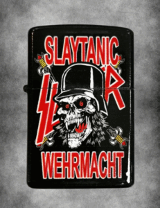 Черна бензинова запалка с логото на Slayer, череп в шлем и надписите SLAYTANIC и WEHRMACHT.