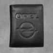 Черен кожен мъжки портфейл с релефно лого и надпис на марката Opel.