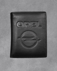 Черен кожен мъжки портфейл с релефно лого и надпис на марката Opel.