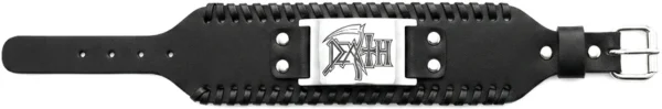 kozhena-grivna-death-band Разгъната кожена гривна на групата Death с метална катарама за регулиране