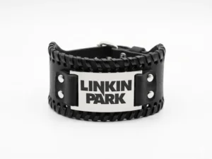 Масивна черна кожена гривна на Linkin Park със стоманена плочка и лого