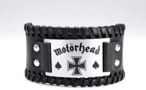 Масивна черна кожена гривна на Motörhead със стоманена плочка и Ace of Spades лого