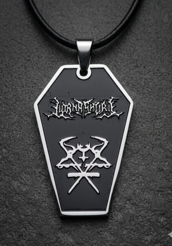 Детайл на метален медальон Lorna Shore ковчег от медицинска стомана