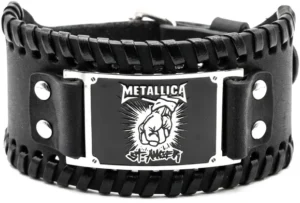 Черна широка кожена гривна на Metallica – St. Anger със стоманена плочка и гравиран юмрук