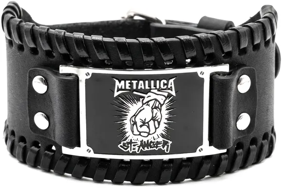 metal-grivna-metallica-st-anger Черна широка кожена гривна на Metallica – St. Anger със стоманена плочка и гравиран юмрук