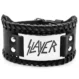 Широка черна кожена гривна на Slayer със стоманена плочка и чисто текстово лого