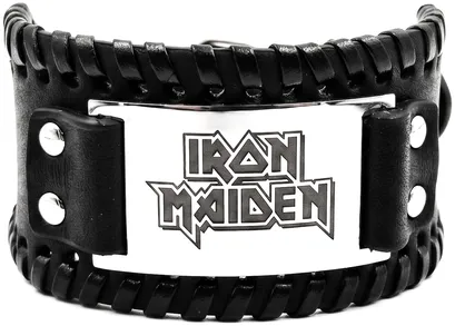 rok-grivna-iron-maiden Черна рок гривна на Iron Maiden със стоманена плочка и гравиран текстов надпис изглед отпред