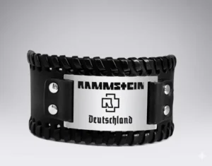 Черна широка кожена гривна Rammstein с плочка от стомана и гравирано лого Deutschland