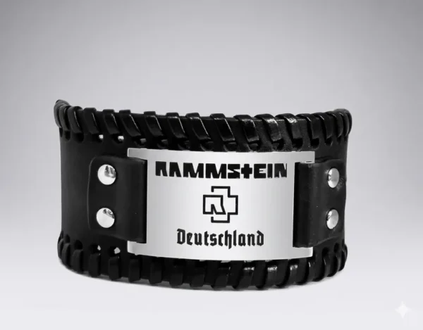 Черна широка кожена гривна Rammstein с плочка от стомана и гравирано лого Deutschland